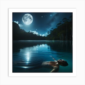 Man Floating In Water At Night Art Print