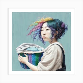 Asian Girl With Rainbow Hair Laundry Art Print