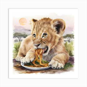 Lion Cub Eating Spaghetti Art Print