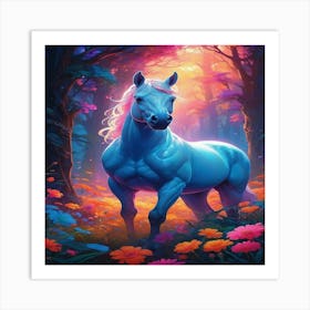 Blue Horse In The Forest Art Print