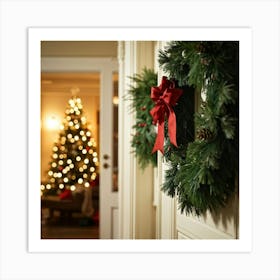 Christmas Wreaths Adorn A Shelf Positioned On One Side Of A Door Opposite A Lush Christmas Tree Ex Art Print