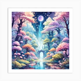 A Fantasy Forest With Twinkling Stars In Pastel Tone Square Composition 347 Art Print