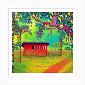 Red House In The Forest Art Print