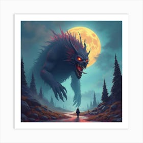 Demonic Beast In An Eerie, Colorful Watercolor Landscape 1 Art Print