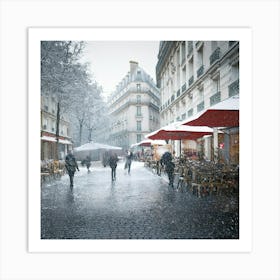 Paris cafes, winter season, Christmas, pale colors, pedestrians in the street, winter clothes, falling snow.11 Art Print