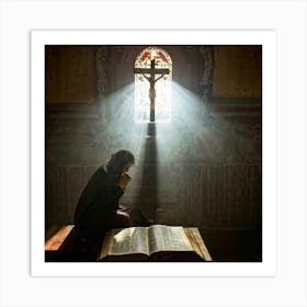 A Devoted Individual In Quiet Contemplation Clasping A Worn Holy Bible Tightly With An Air Of Sole (2) Art Print