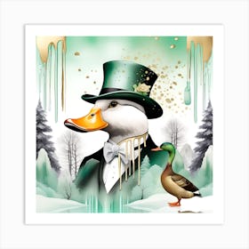 Duck In Top Hat Watercolor Splash Dripping 3 Art Print