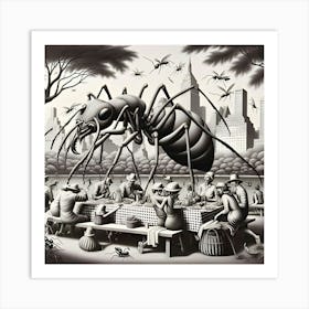 A Surrealist Drawing Of Ants Attacking A Family Picnic In Central Park Art Print