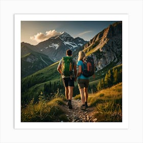 Couple Hiking In The Mountains Art Print