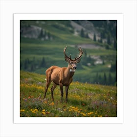 A Tranquil Alpine Meadow Filled With Colorful Wildflowers And Grazing Deer Art Print