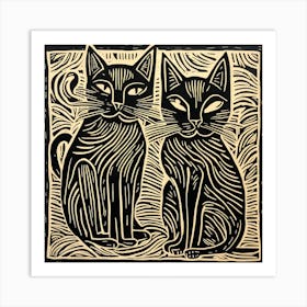 Two Cats Linocut Art Print