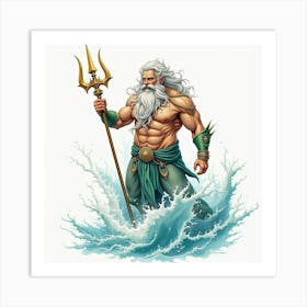 Majestic Sea God With A Trident, Watercolor Portrait 1 Art Print