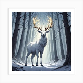 A White Stag In A Fog Forest In Minimalist Style Square Composition 18 Art Print