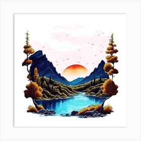 Idyllic Watercolor Landscape Painting With Trees, Mountains, And Sunset Art Print