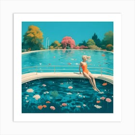 Girl In A Pool With Flowers Art Print