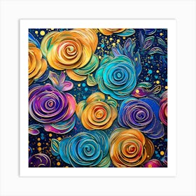 Colorful Roses On A Blue Background Art Print