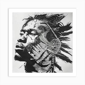 Ink Drawing Of A Man With Feathers Art Print