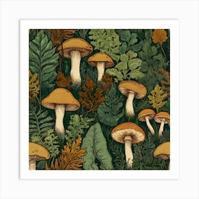 Mushrooms And Leaves Art Print