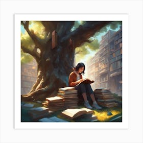 Girl Reading A Book in a tree library Art Print