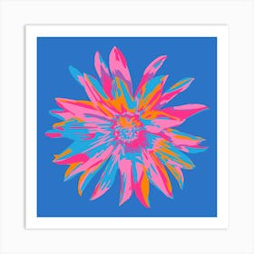 DAHLIA BURSTS Single Abstract Blooming Floral Summer Bright Flower in Fuchsia Pink Purple Blue Orange on Royal Blue Art Print