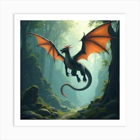 A Majestic Dragon Flying Over A Mystical, Ancient Forest Landscape 1 Art Print