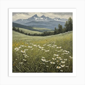 Vintage Oil Painting of Wild Flowers in a Meadow, Mountains in the Background 21 Art Print