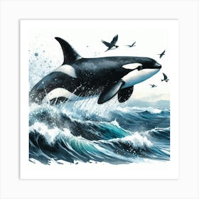 Sea Whale Orca In Motion, Sea Orca Watercolour Art Print 2 Art Print