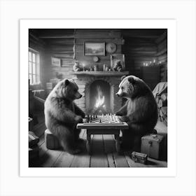 Bears Playing Chess In A Cabin Decor Art Print