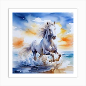 White Horse Running On The Beach Painting Art Print