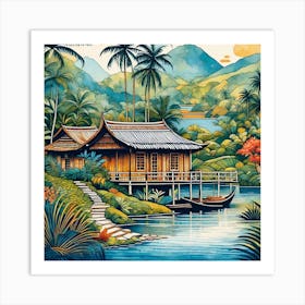 Asian House By The River Art Print