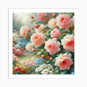 Roses In The Garden, Acrylic Style Painting 3 Art Print