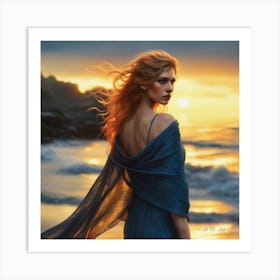 A Red Hair Beauty At The Beach In Sunrise Photo Real Art Paint Art Print