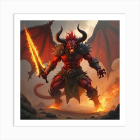 Demon Warrior Wielding A Flaming Sword, Roaring 1 Art Print