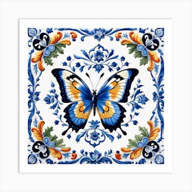 Delft Tile Butterfly in Blue V Art Print