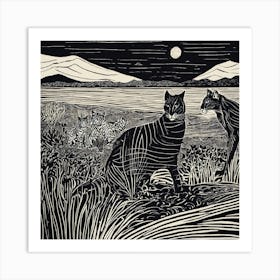  Abstract Black Panthers In The Grass Linocut Illustration Art Print