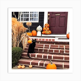 Black Cat On Front Steps Art Print