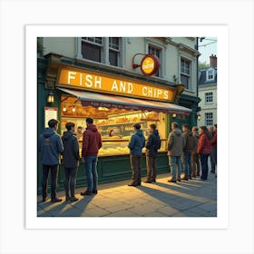 An English Fish And Chips Shop With A Queue Of Eager Customers 1 Art Print