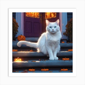 White Cat On Steps Art Print