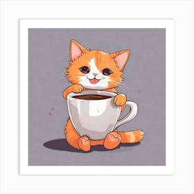 Cute Orange Kitten Loves Coffee Square Composition 20 Art Print