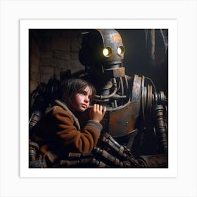 Young Girl With A Giant Robot Art Print