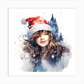 Christmas Girl In Santa Hat Art Print