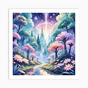 A Fantasy Forest With Twinkling Stars In Pastel Tone Square Composition 141 Art Print