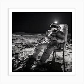 Black And White Photograph Of An Astronaut Drinking Coffee Art Print