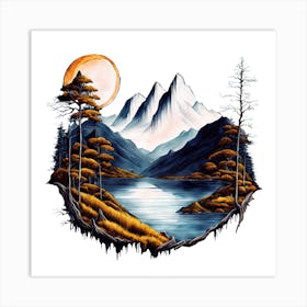 Scenic Mountain Landscape With Lakes And Trees Art Print
