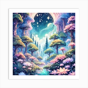 A Fantasy Forest With Twinkling Stars In Pastel Tone Square Composition 6 Art Print