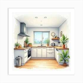 Modern Kitchen Watercolor Scene, Bright And Cheerful 1 Art Print