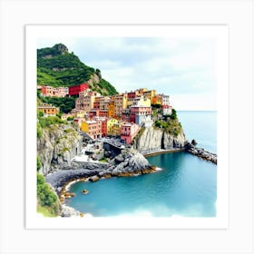 Scenic Watercolor Of An Italian Coastal Town, With Colorful Buildings And Tranquil Waters 1 Art Print