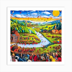 Battle for the river crossing. Naive painting. Art Print