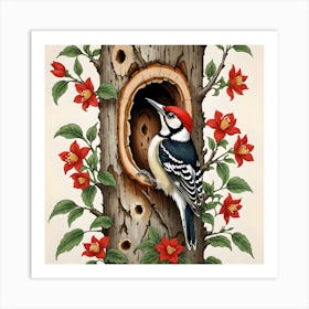 Woodpecker Making Nest In The Tree Art Print