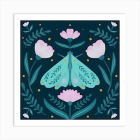 Moth and Flowers - turquoise and pink Art Print